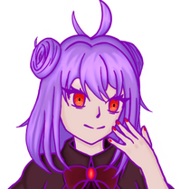 Art of my persona with short purple that has two buns, red eyes and the bow on my dress.